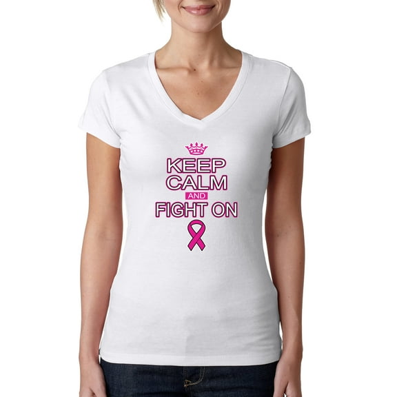 Keep Calm and Fight On Breast Cancer Awareness Womens V-Neck Tee, White, Small