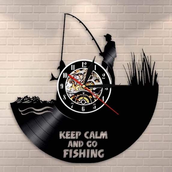 Keep Calm and Go Fishing Fisherman Funny Vinyl Wall Clock,Vinyl Record Clock Wall Art Black Handmade Art Home Unique Gift idea
