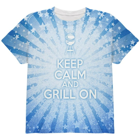 Keep Calm and Grill On Blue All Over Youth T Shirt Multi YLG