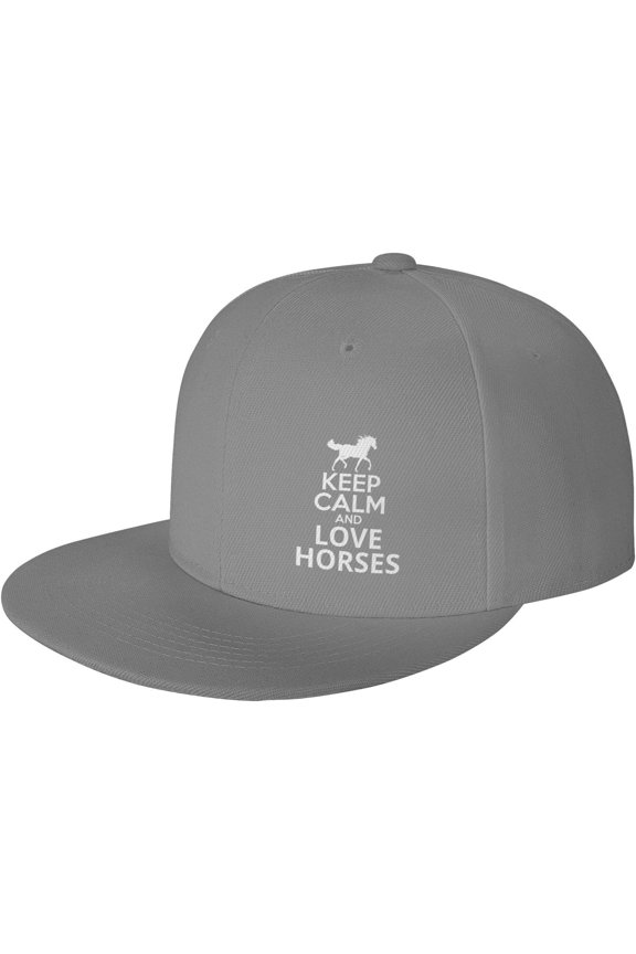 Keep Calm and Love Horses Flat Brim Hat Classic Fashion Trucker Adjustable Brim Baseball Cap for Men Women Black