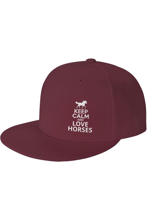 Keep Calm and Love Horses Flat Brim Hat Classic Fashion Trucker Adjustable Brim Baseball Cap for Men Women Black