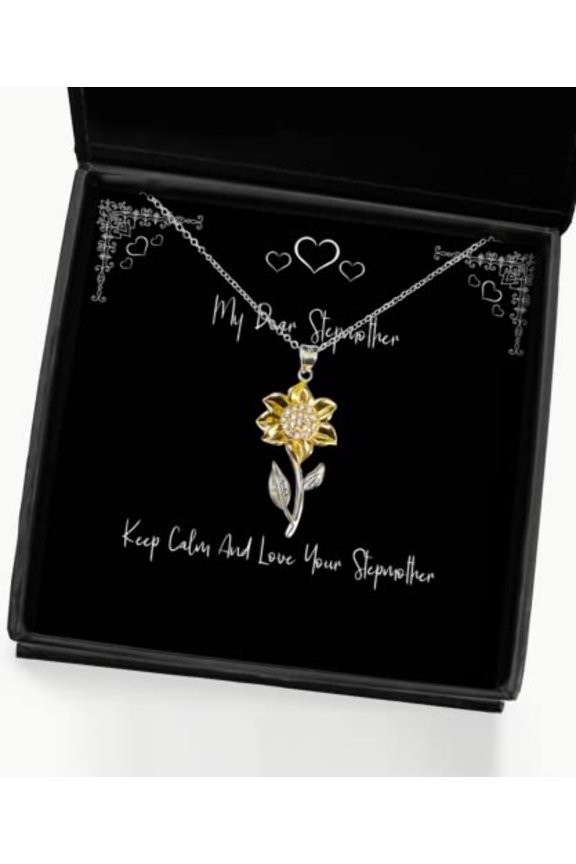 Keep Calm and Love Your Stepmother Sunflower Pendant Necklace, Stepmother Present from Son Daughter, Fun for Mom