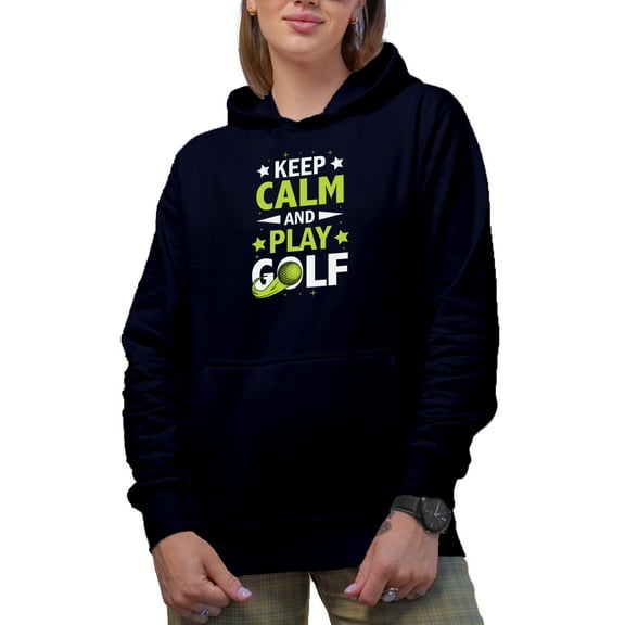 Keep Calm and Play Golf Quote with Ball & Stars, Golf Player, Golfing or Golfer Themed Merch Gift, Navy Blue Hooded Sweatshirt or Hoodie, 2XL