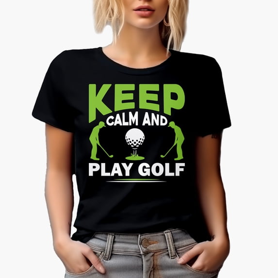 Keep Calm and Play Golf Quote with Ball on a Tee & Golf Player, Golfing or Golfer Themed Merch Gift, Black T-Shirt, 3XL