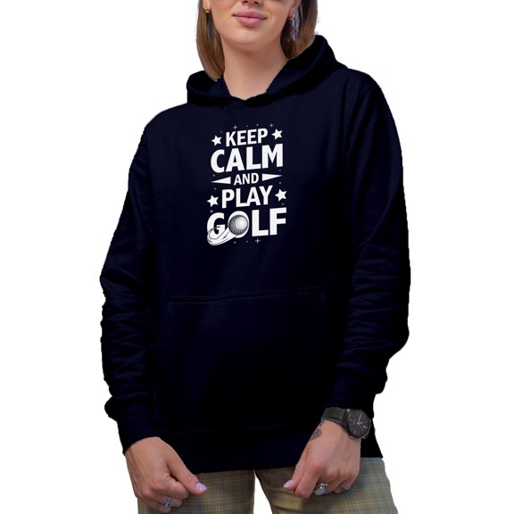 Keep Calm and Play Golf with Ball and Stars, Golf Player, Golfing or Golfer Themed Merch Gift, Navy Blue Hooded Sweatshirt or Hoodie, Medium