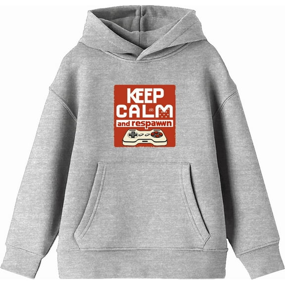 Keep Calm and Respawn Controller Youth Heather Gray Long Sleeve Hoodie-XS