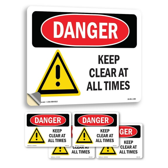 Keep Clear At All Times OSHA Danger Vinyl Decal Label 18 Inch x 12 Inch - 5 Pack
