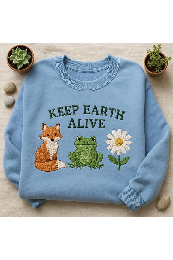 Keep Earth Alive Embroidered Sweatshirt, Fox Frog Flower Nature Crewneck, Environmental Gift, Earth Day Jumper, Wildlife Shirt