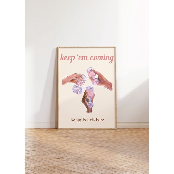 Keep Em Coming Martini Retro Cocktail Wall Art Preppy Bar Cart Decor, Unframed Canvas Size 8x12