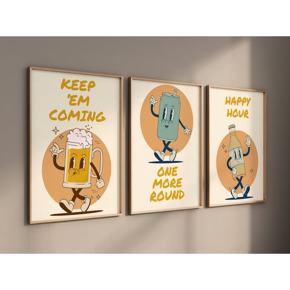 Keep Em Coming One More Round Happy Hour Retro Bar Cart Funky Art Set 3 Unframed Paper Print