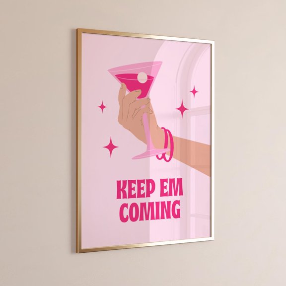 Keep Em Coming Pink Bar Cart Wall Art, Unframed Paper Print Size 8x12
