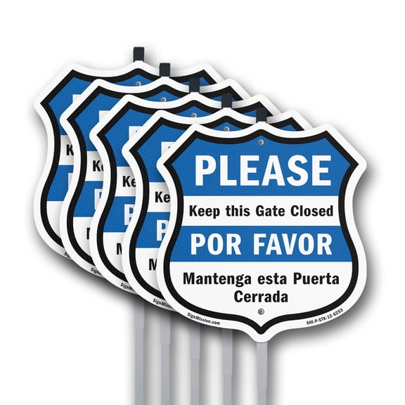 Keep Gate Closed Sign Bilingual English / Spanish (5 Pack) 12 inch X 12 inch Shield Shaped Commercial Grade Plastic Signs with Aluminum Mounting Stakes Weather Resistant Made in the USA