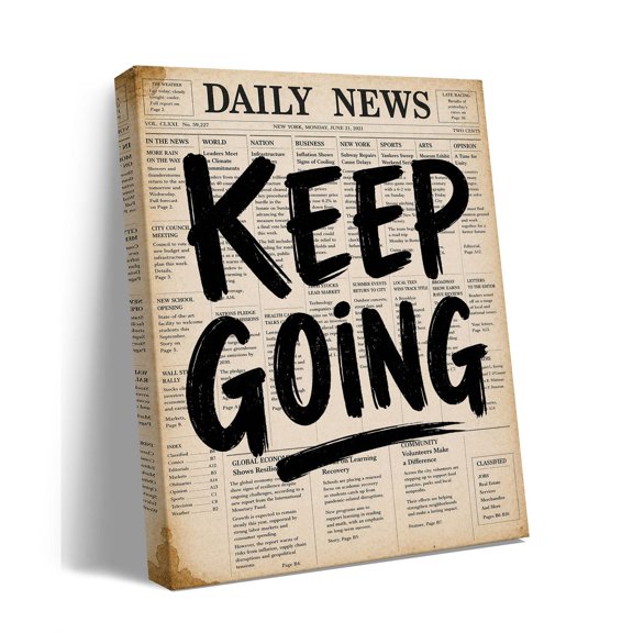Keep Going Canvas Wall Art, Inspirational Newspaper Quote Print, Neutral Typography Home Decor