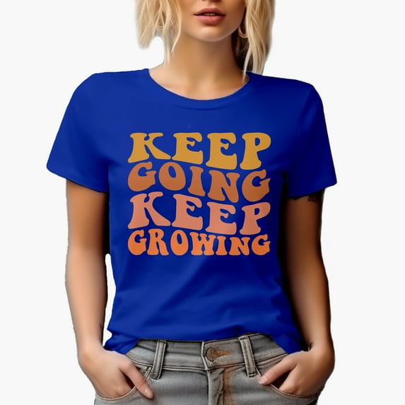 Keep Going, Keep Growing, Encouragement Quote, Groovy Retro Wavy Text Merch Gift, Royal Blue T-Shirt, Small