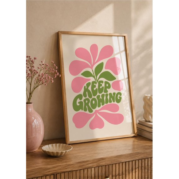 Keep Growing Retro Floral Positive Quote Decor Wall Art