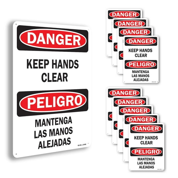 Keep Hands Clear Bilingual OSHA Danger Aluminum Sign 18 Inch x 12 Inch - 10 Pack