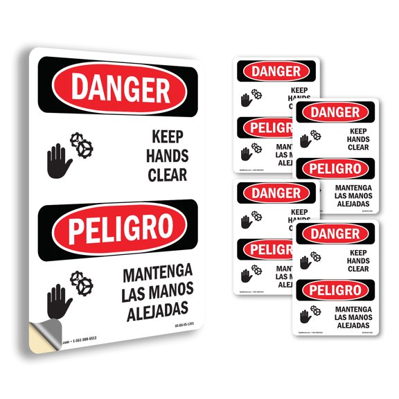 Keep Hands Clear Bilingual OSHA Danger Vinyl Decal Label 5 Inch x 3.5 Inch - 5 Pack