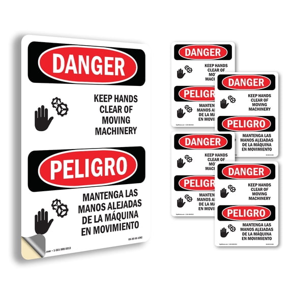 Keep Hands Clear Moving Machinery Bilingual OSHA Danger Vinyl Decal Label 18 Inch x 12 Inch - 5 Pack