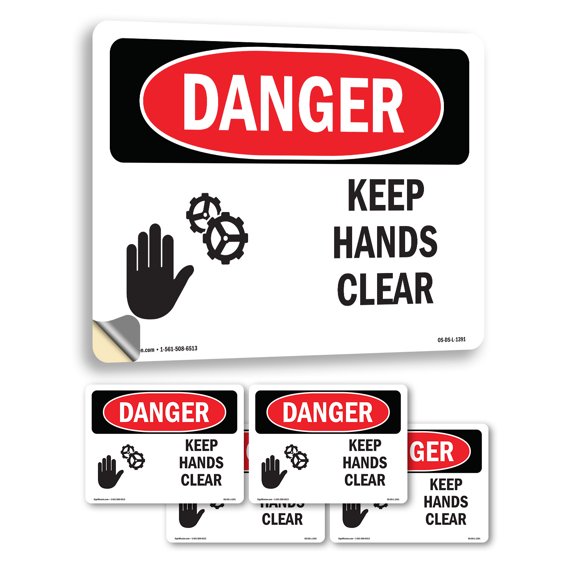 Keep Hands Clear OSHA Danger Vinyl Decal Label 5 Inch x 3.5 Inch - 5 Pack