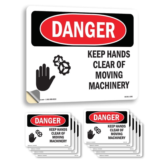 Keep Hands Clear Of Moving Machinery OSHA Danger Vinyl Decal Label 18 Inch x 12 Inch - 10 Pack