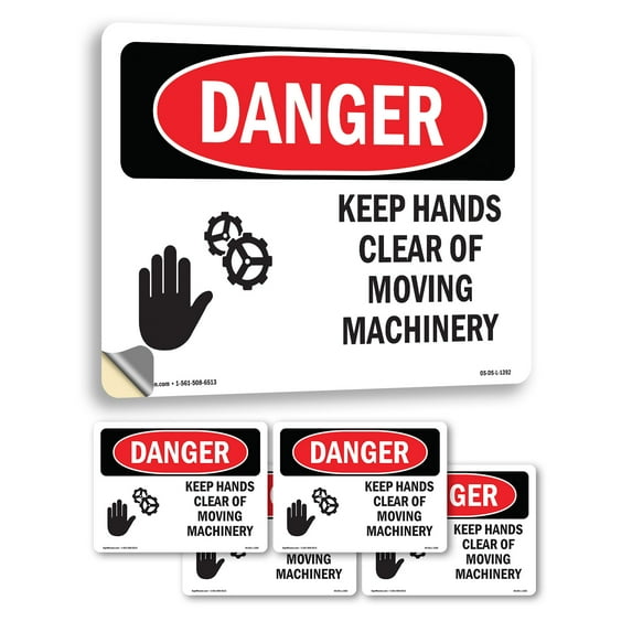 Keep Hands Clear Of Moving Machinery OSHA Danger Vinyl Decal Label 5 Inch x 3.5 Inch - 5 Pack