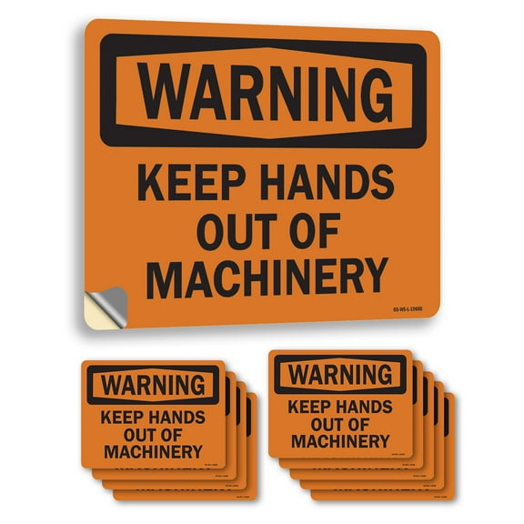 Keep Hands Out Of Machinery OSHA Warning Vinyl Decal Label 5 Inch x 3.5 Inch - 10 Pack