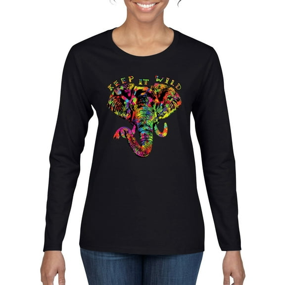 Keep It Wild Colorful Elephant Face Animal Lover Womens Graphic Long Sleeve T-Shirt, Black, Small