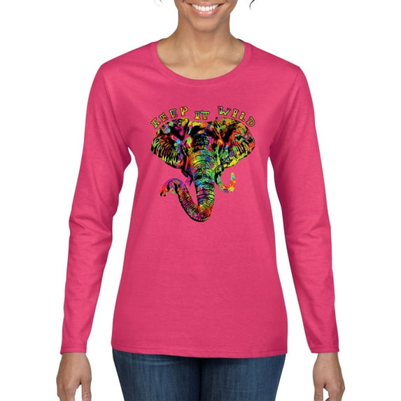 Keep It Wild Colorful Elephant Face Animal Lover Womens Graphic Long Sleeve T-Shirt, Fuschia, X-Large