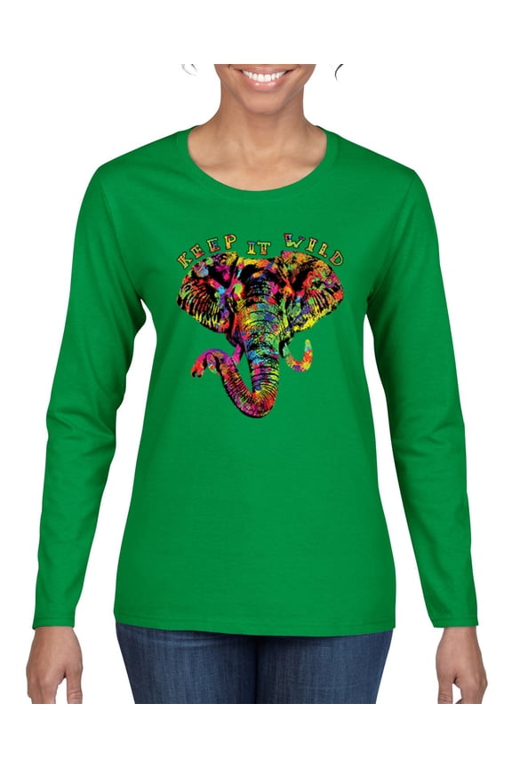 Keep It Wild Colorful Elephant Face Animal Lover Womens Graphic Long Sleeve T-Shirt, Kelly, Large
