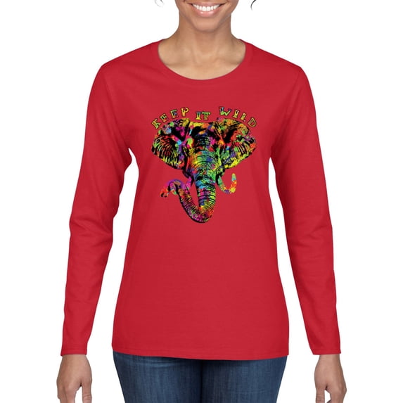 Keep It Wild Colorful Elephant Face Animal Lover Womens Graphic Long Sleeve T-Shirt, Red, 2XL