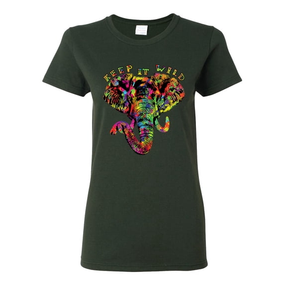 Keep It Wild Colorful Elephant Face Animal Lover Womens Graphic T-Shirt, Forest Green, 2XL