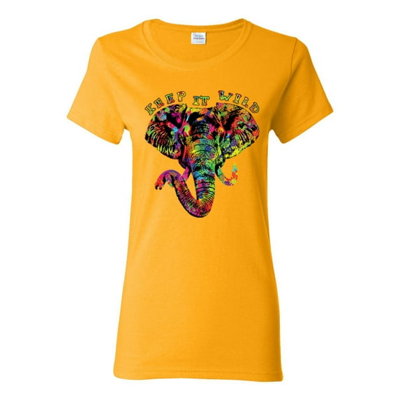 Keep It Wild Colorful Elephant Face Animal Lover Womens Graphic T-Shirt, Gold, Small