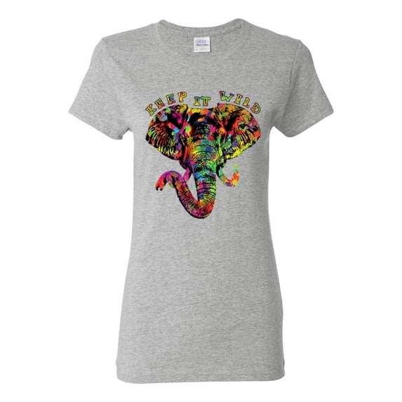 Keep It Wild Colorful Elephant Face Animal Lover Womens Graphic T-Shirt, Heather Grey, Small
