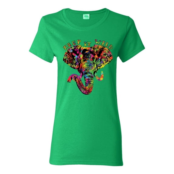 Keep It Wild Colorful Elephant Face Animal Lover Womens Graphic T-Shirt, Kelly, Large