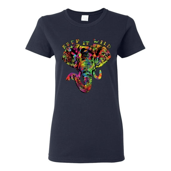 Keep It Wild Colorful Elephant Face Animal Lover Womens Graphic T-Shirt, Navy, Large