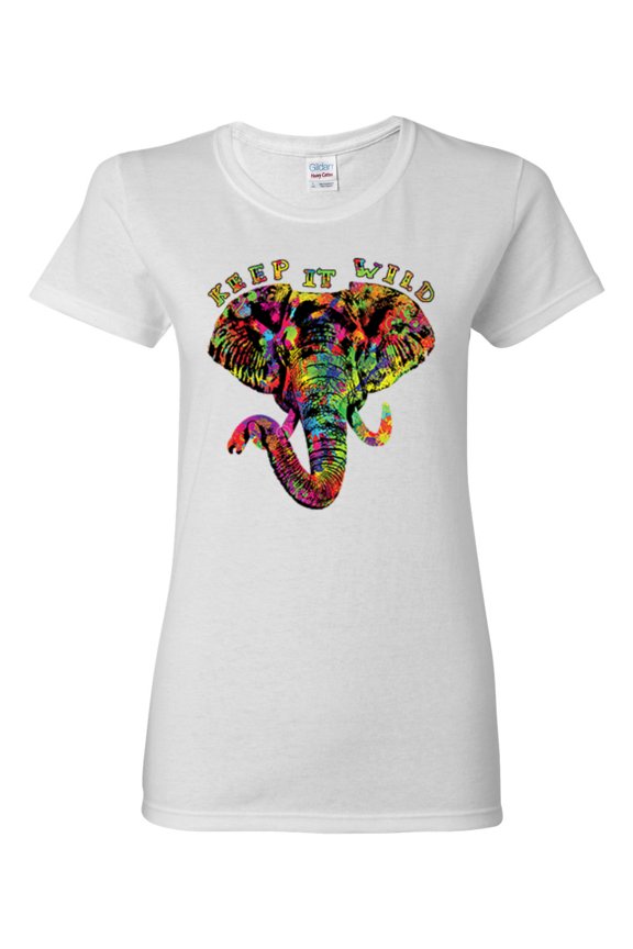 Keep It Wild Colorful Elephant Face Animal Lover Womens Graphic T-Shirt, White, Large