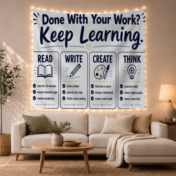 Keep Learning Poster With Reading Icons, Inspirational Minimalist Style for Teachers, Classroom Wall Art, Back to School Gift, Tapestry Wall Hanging for Classroom and Study Room