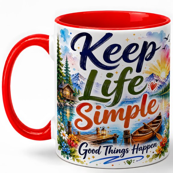 Keep Life Simple Coffee Mug, Lake Cabin Canoe and Sunset Mountain Design, 11 oz Ceramic Cup