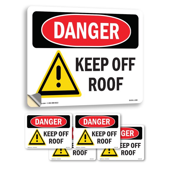Keep Off Roof OSHA Danger Vinyl Decal Label 14 Inch x 10 Inch - 5 Pack