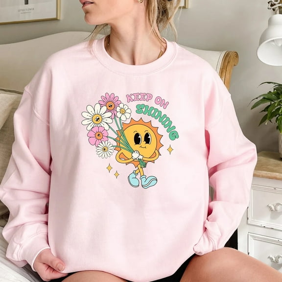 Keep On Shining Sweatshirt – Cute Positive Sun & Flowers Graphic Pullover, Motivational Aesthetic Crewneck for Women