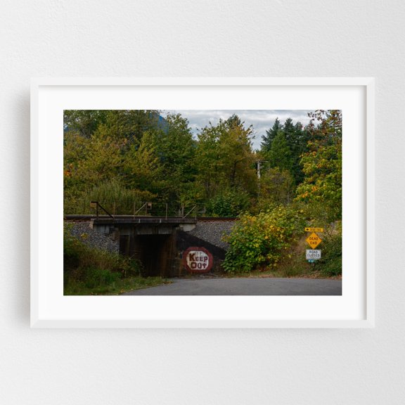 Keep Out - Oregon Photography Railroad Train Autumn Bridge Abandoned Scenic Forest White Framed Wall Art Print 12 x 18 inches