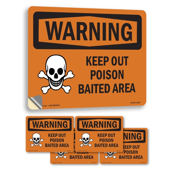 Keep Out Poison Baited Area OSHA WARNING Vinyl Decal Label 5 Inch x 3.5 Inch - 5 Pack