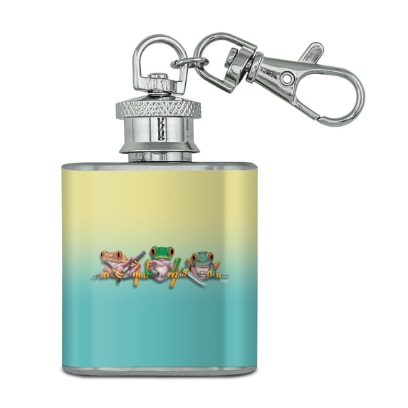 Keep Out Rainforest Frogs Armed Weapons Funny Stainless Steel 1oz Mini Flask Key Chain