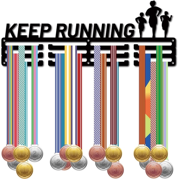 Keep Running Medal Holder Iron Sport Medal Hanger Wall Mounted Award Badge Ribbon Exhibition Rack 3 Lines Separate Hooks for Runner Maratnon Race Athlete Champion Winners 15.7x5.9in