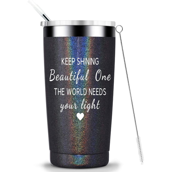 Keep Shining Beautiful One The World Needs Your Light - Funny Inspirational Birthday Gifts for Women, Her, Friends, Sisters, Coworkers, Daughter Gifts Insulated Tumbler 20 oz Glitter charcoal