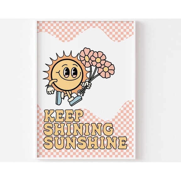 Keep Shining Sunshine Retro Character Print Wavy Checkerboard Retro Mascot Cartoon Fun 60s