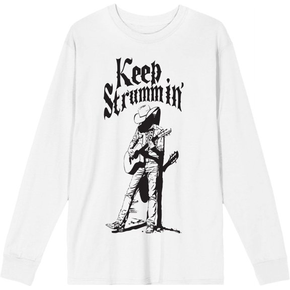 Keep Strummin' Cowboy Americana Adult White Crew Neck Long Sleeve Tee-Medium