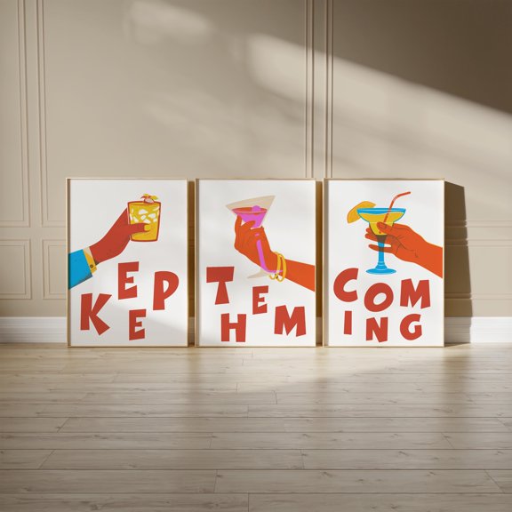 Keep Them Coming Cocktail Wall Art Set Fun Bar Prints Colorful Drink Poster Trio For Kitchen Lounge Home Bar Or Party Room Decor D129 Set 3