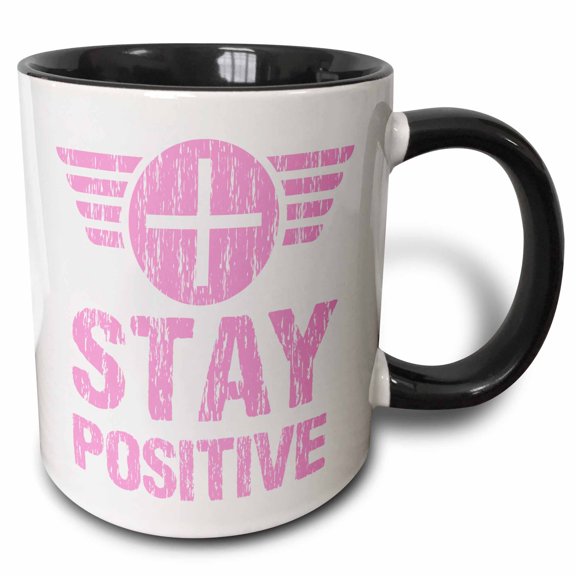 3drose, Keep Thinking Positive with This Design in Pink and White, 11oz Two-tone Black Mug
