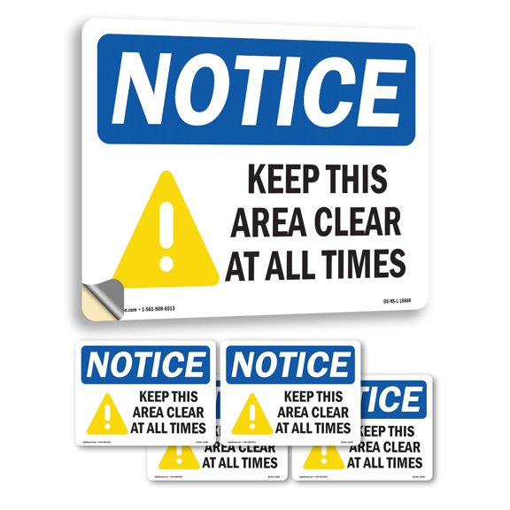 Keep This Area Clear At All Times OSHA Notice Vinyl Decal Label 5 Inch x 3.5 Inch - 5 Pack